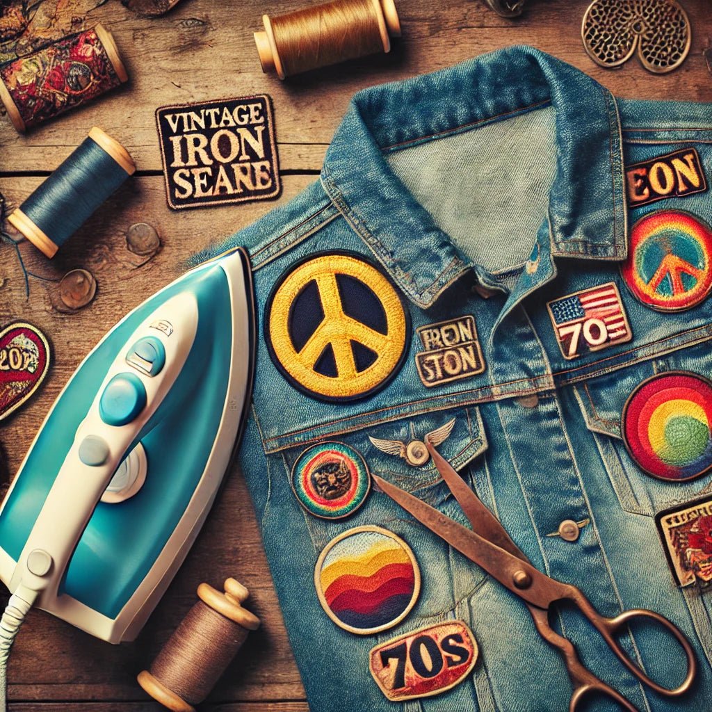 A flat-lay image showcasing a denim jacket adorned with various vintage iron-on patches