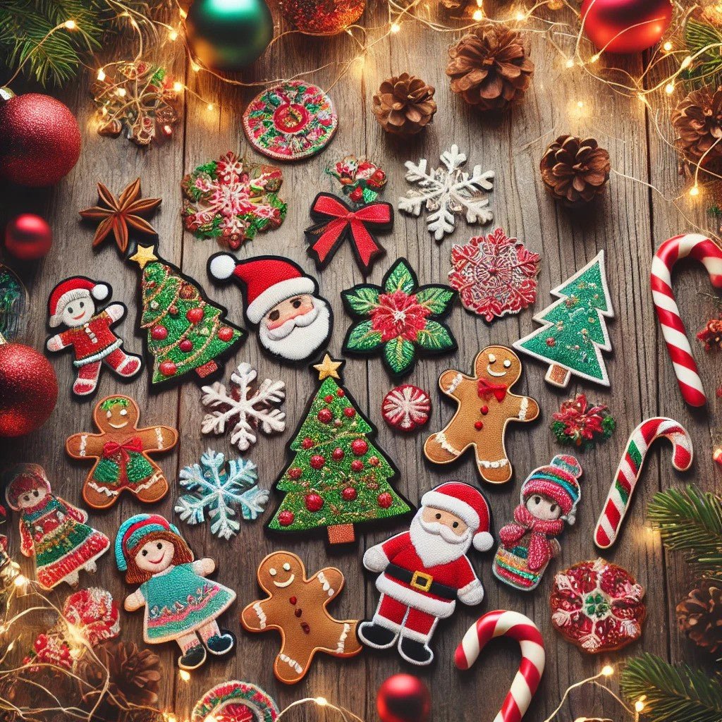 holiday-themed display featuring colorful embroidered patches with Christmas designs such as Santa, snowflakes, gingerbread men, and Christmas trees, surrounded by decorations like pinecones, ornaments, candy canes, & twinkling fairy lights