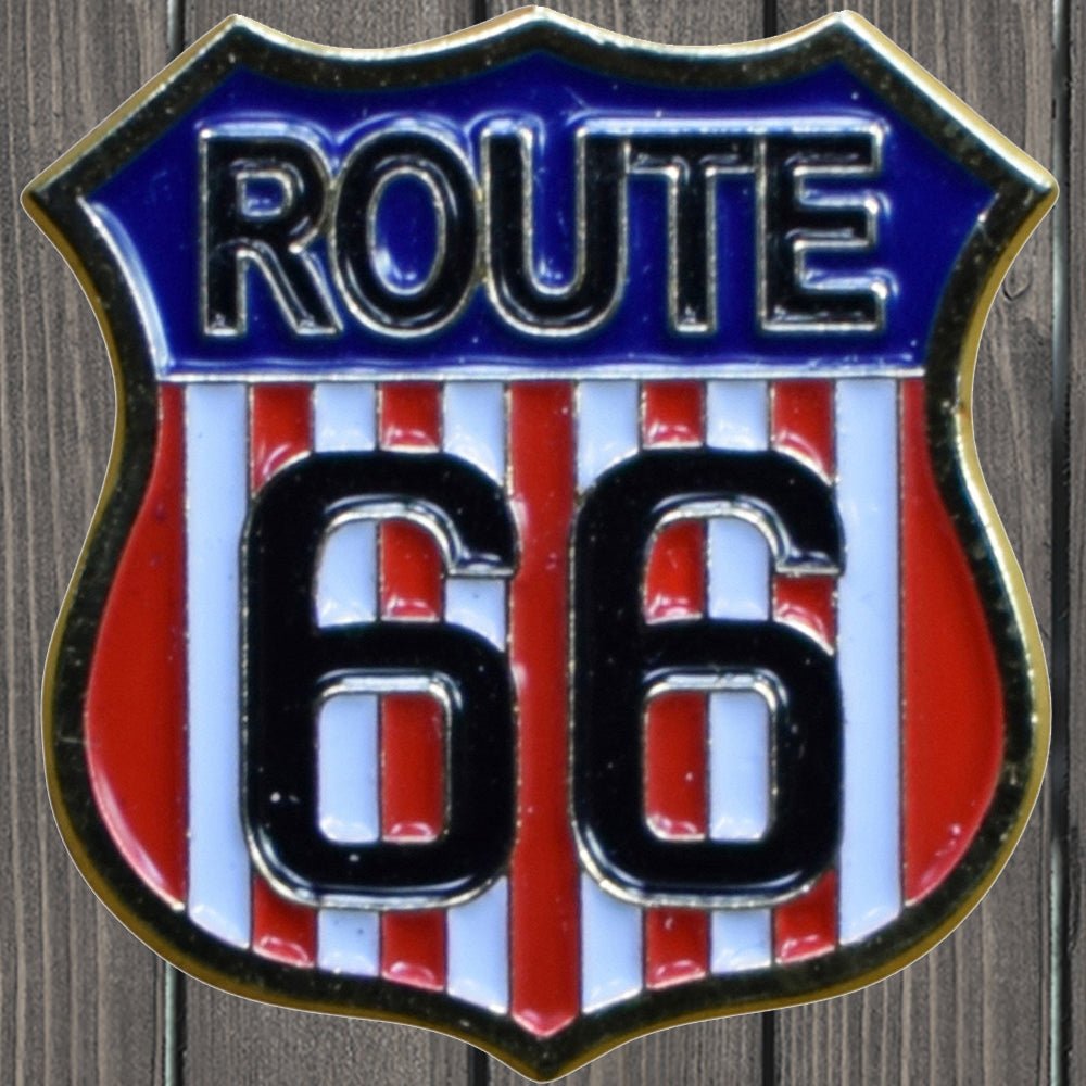 lapel hat pin route 66 red white blue flag