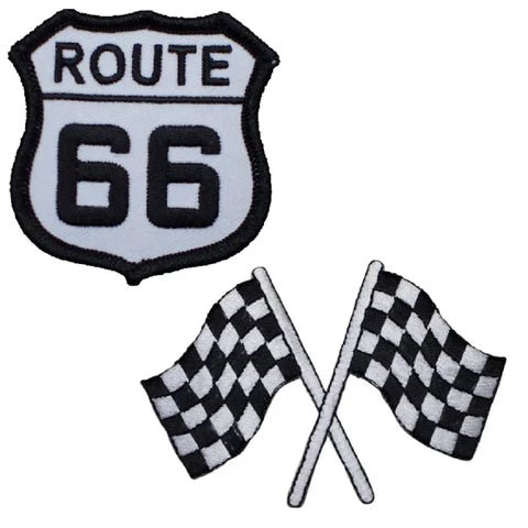 Route 66 & Checkered Flags Patch Set - Rt. 66 Muscle Car Racing Badges (Iron on)