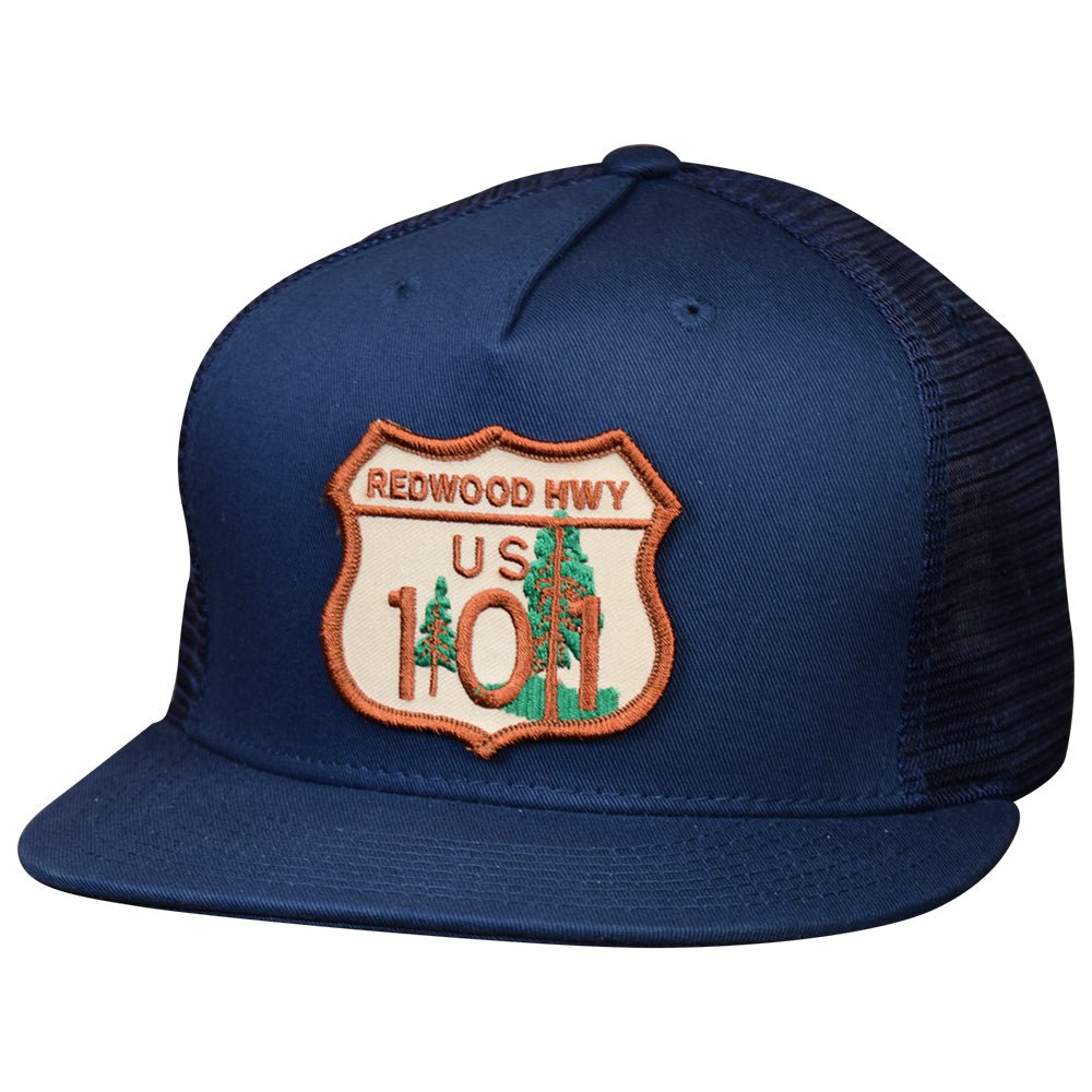 California Highway 101 Trucker Hat - Redwood Trees, Navy Blue CA Snapback Cap - Paddy's Patches