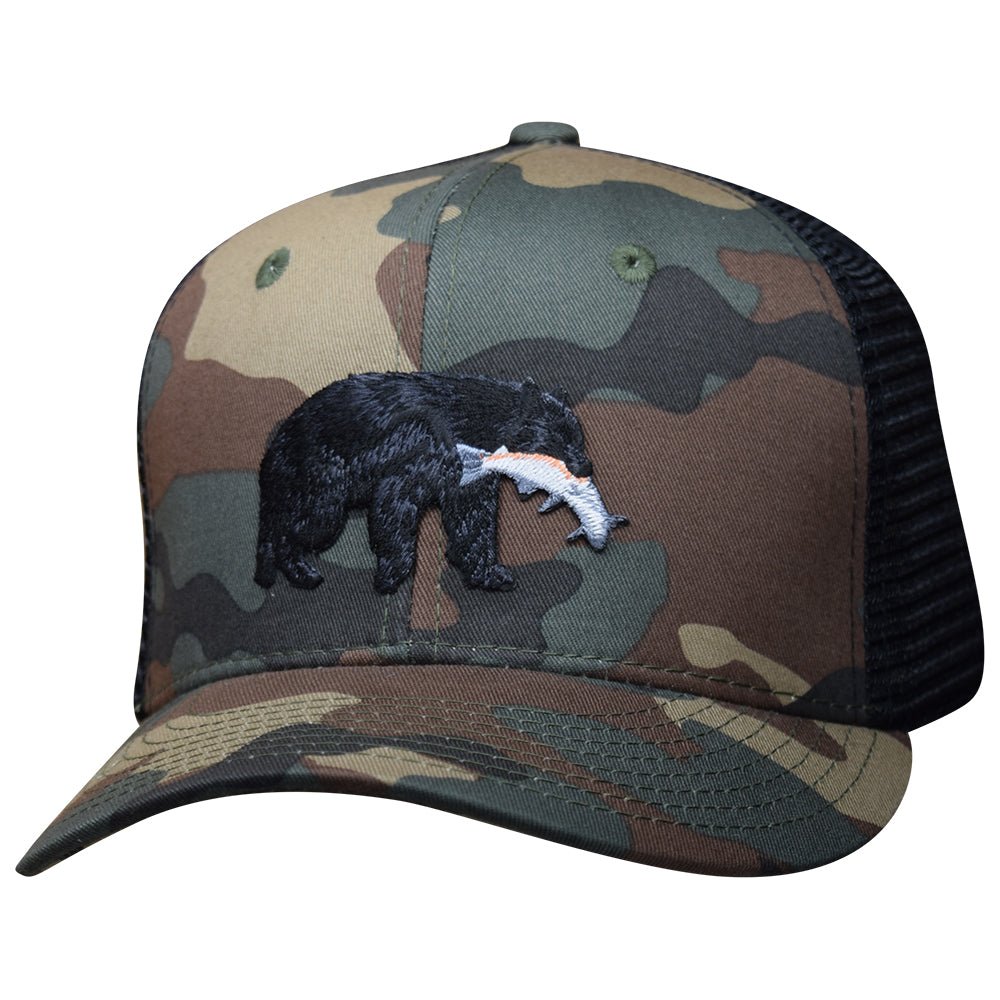 Black Bear & Salmon Snapback Hat - Camouflage Trucker Cap - Paddy's Patches