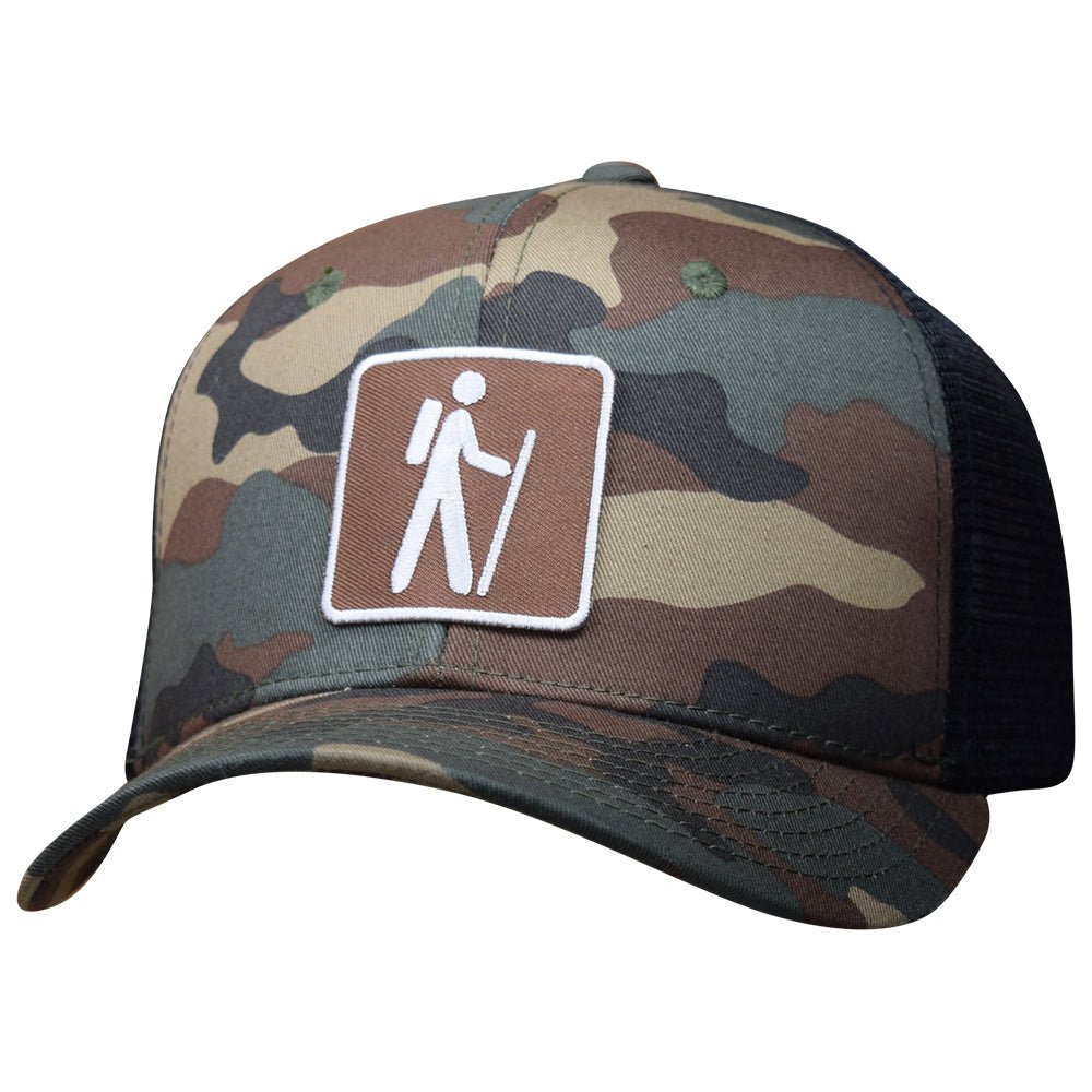 Camo Hiking Trucker Hat - Camouflage Snapback Nature Trail Recreation Sign Cap - Paddy's Patches