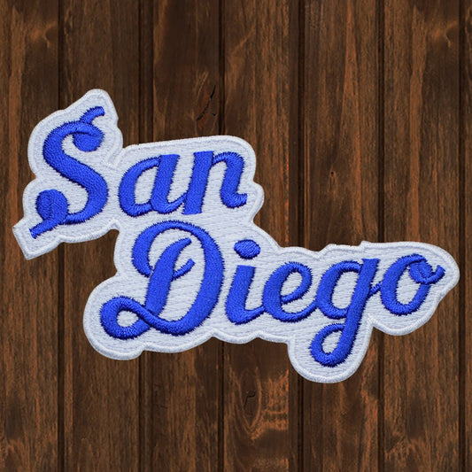 embroidered iron on sew on blue script san diego