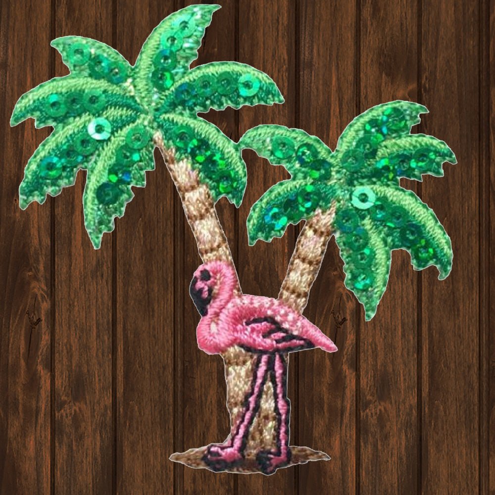 embroidered iron on sew on patch Flamingo Two Palm Trees Sequins