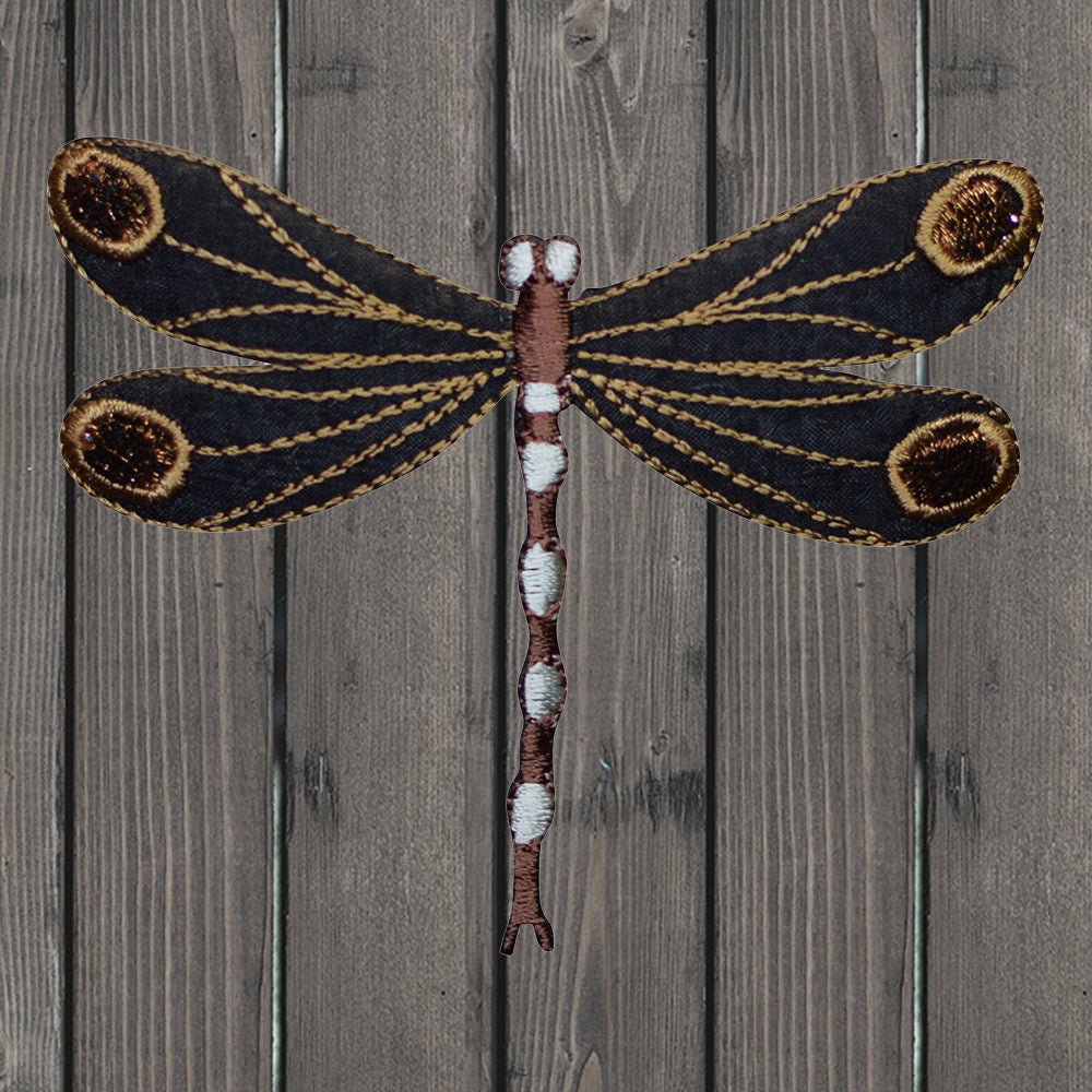 embroidered iron on sew on patch black brown dragonfly