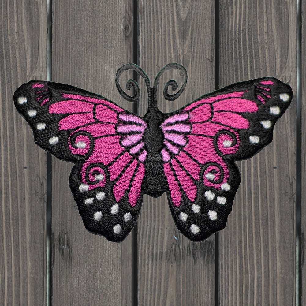 embroidered iron on sew on patch black pink butterfly