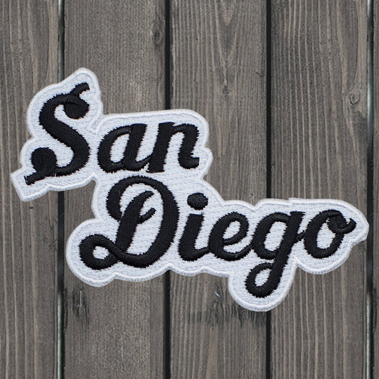 embroidered iron on sew on patch black san diego script