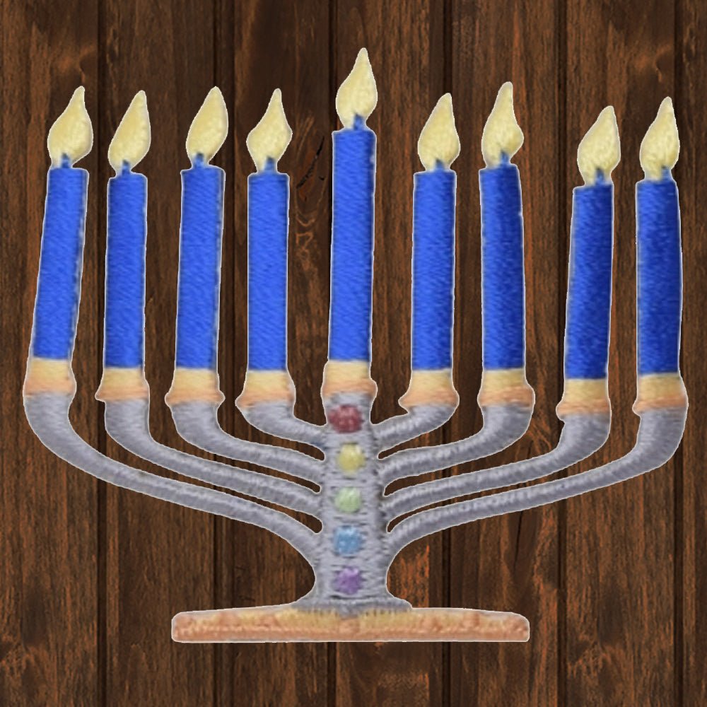 embroidered iron on sew on patch blue menorah candles hannukah