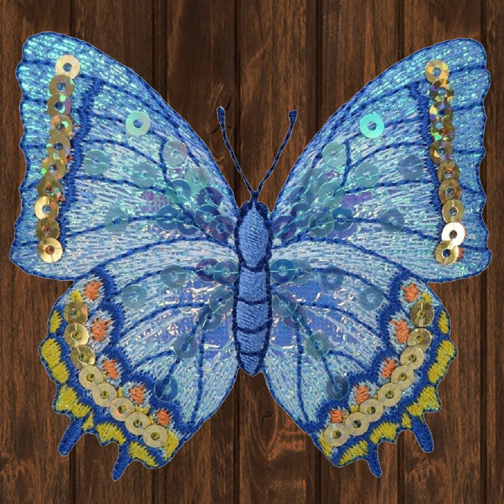 embroidered iron on sew on patch blue sequin butterfly