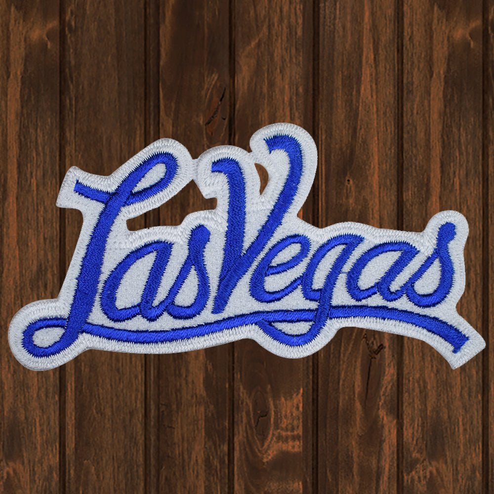 embroidered iron on sew on patch blue white las vegas script