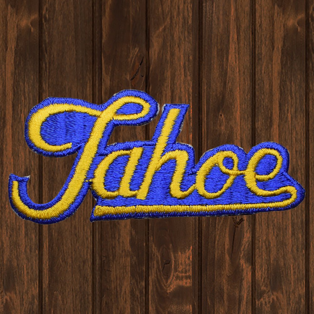 embroidered iron on sew on patch blue yellow tahoe script