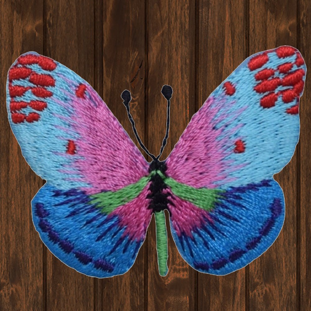 embroidered iron on sew on patch butterfly blue pink