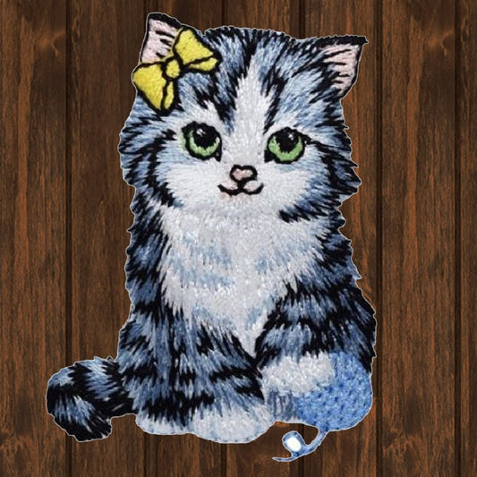 embroidered iron on sew on patch cat blue yarn