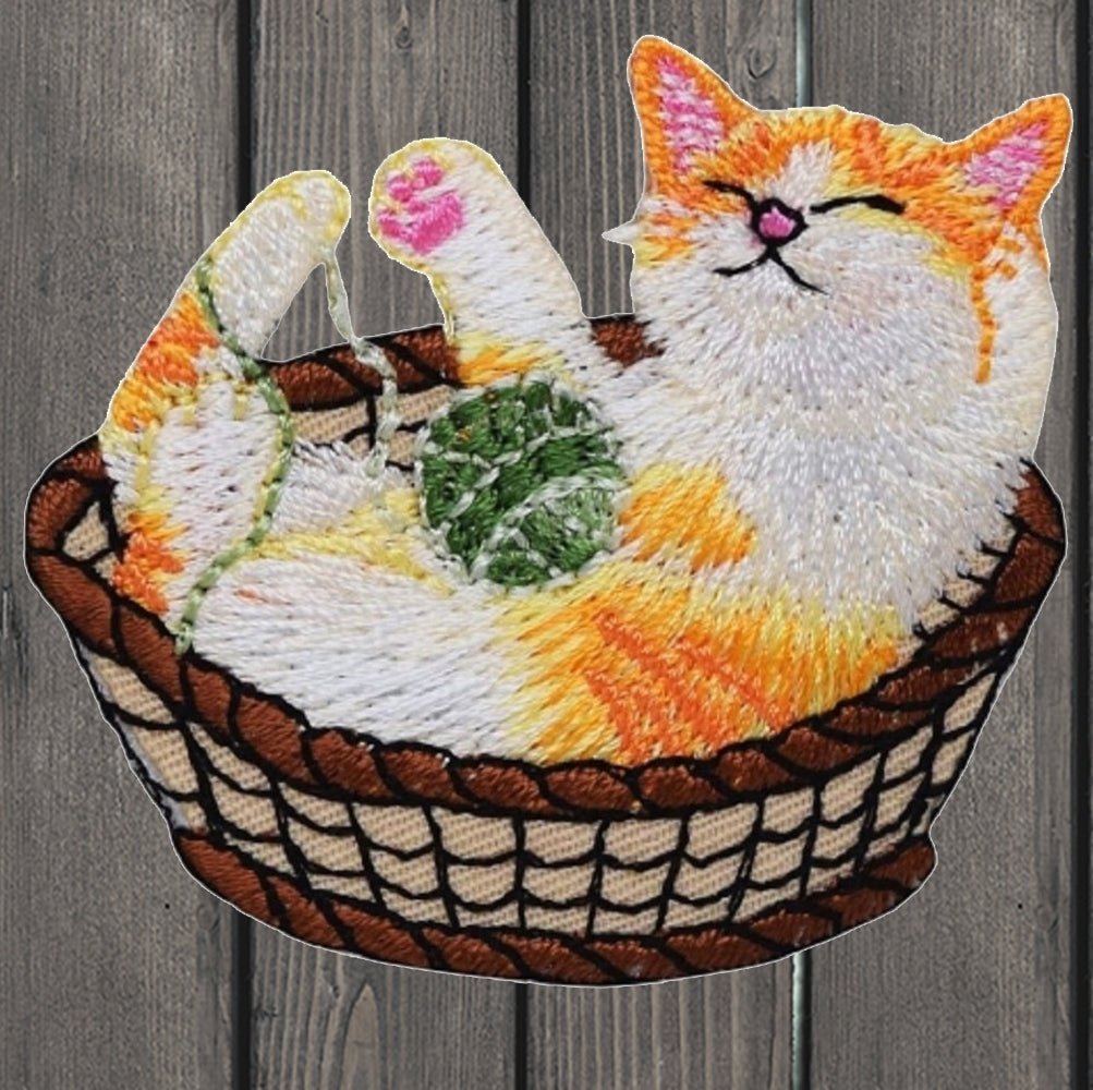 embroidered iron on sew on patch cat in basket