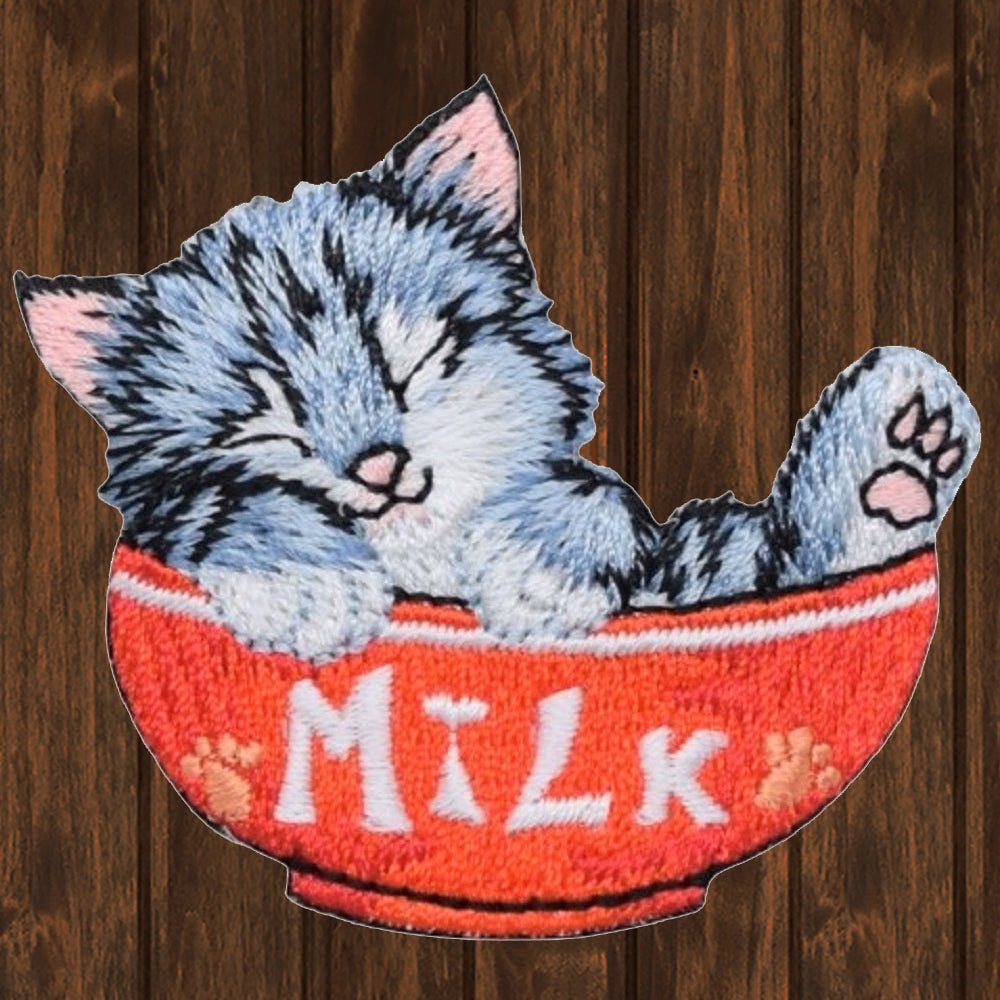 embroidered iron on sew on patch cat in milk bowl