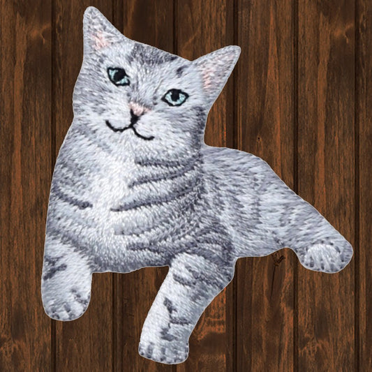 embroidered iron on sew on patch cat kitten gray