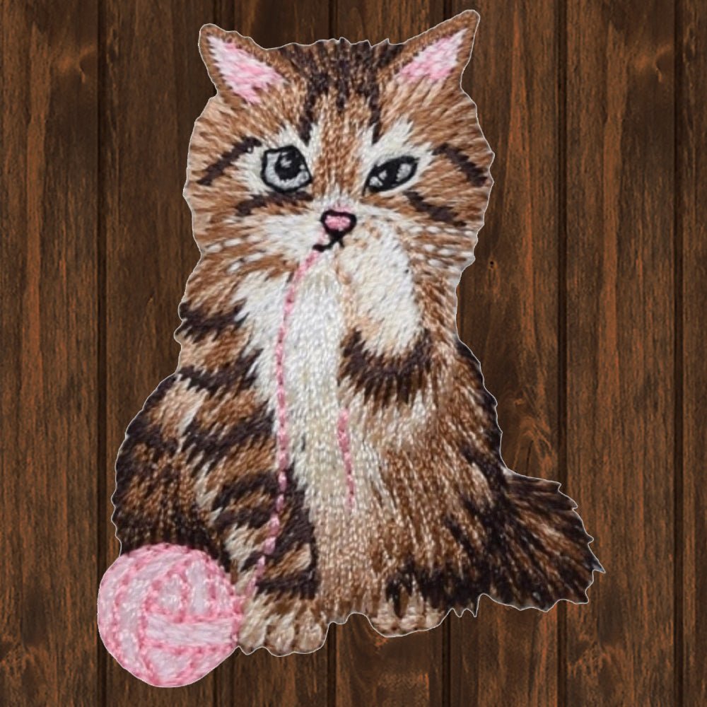 embroidered iron on sew on patch cat with pink yarn