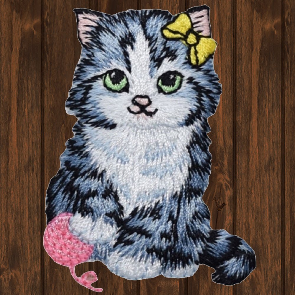 embroidered iron on sew on patch cat with yarn