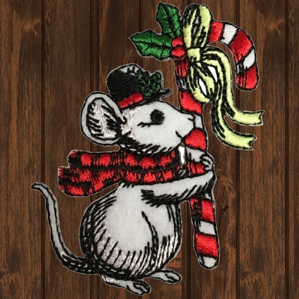 embroidered iron on sew on patch christmas mouse candy cane