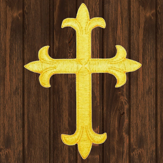 embroidered iron on sew on patch cross yellow 4 inch fleur de lis religious