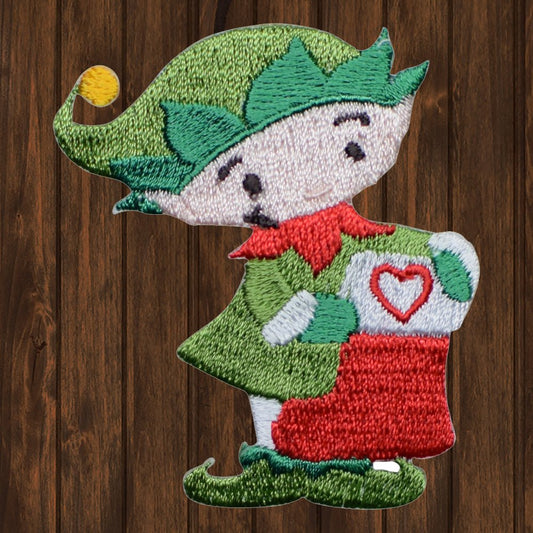 embroidered iron on sew on patch elf green heart stocking