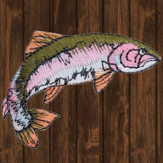 embroidered iron on sew on patch fish pink green trout swimming right 3