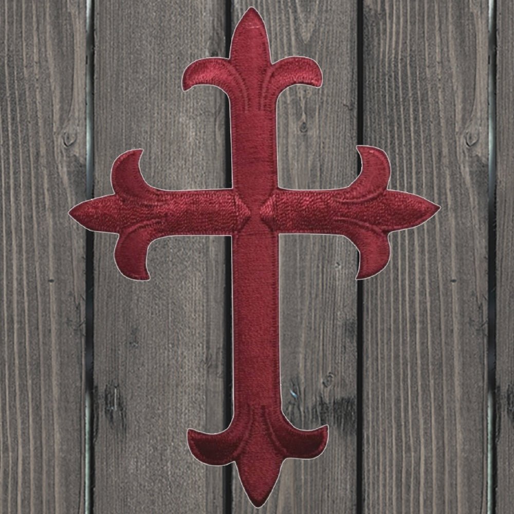 embroidered iron on sew on patch fleur de lis cross burgundy