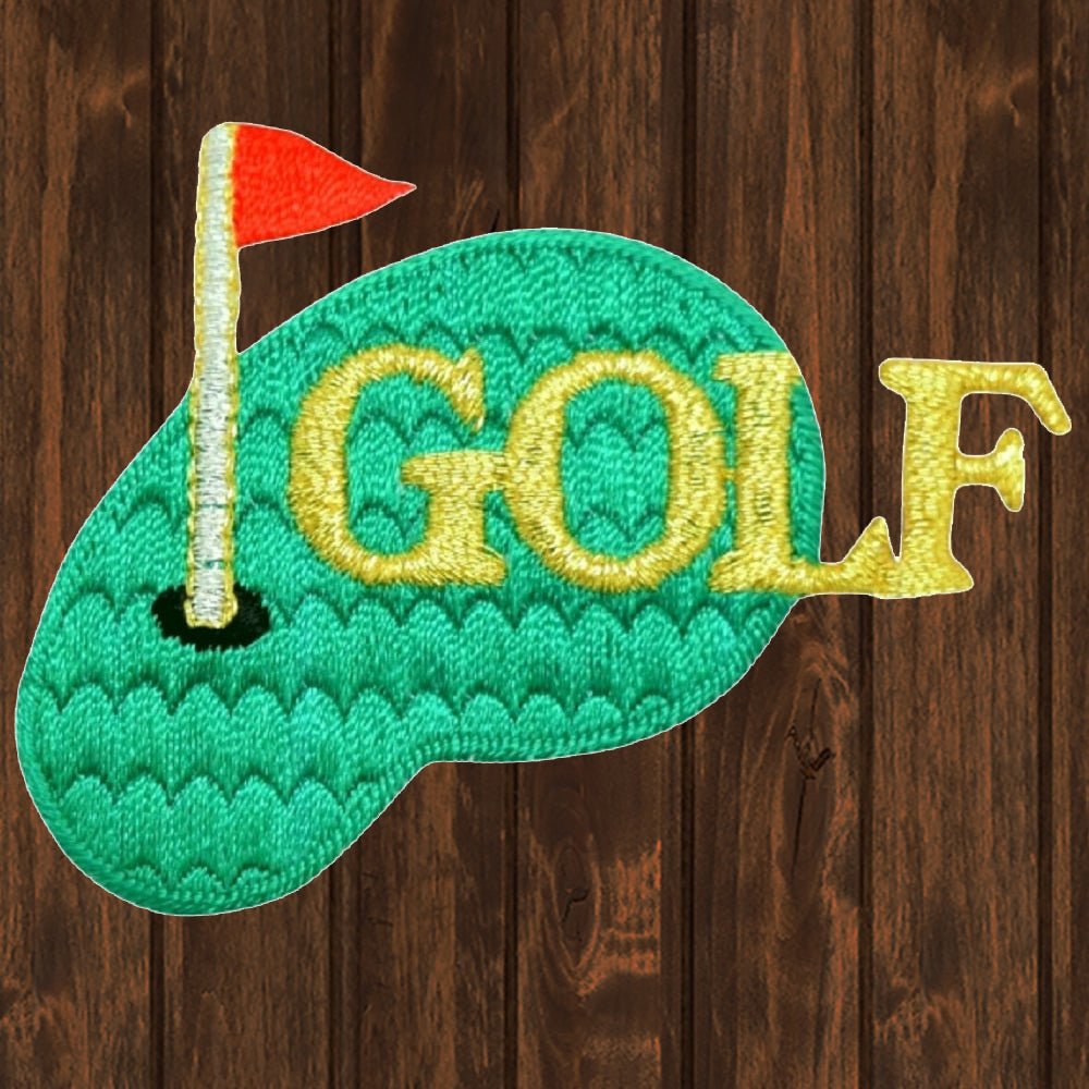 embroidered iron on sew on patch golf green with flag