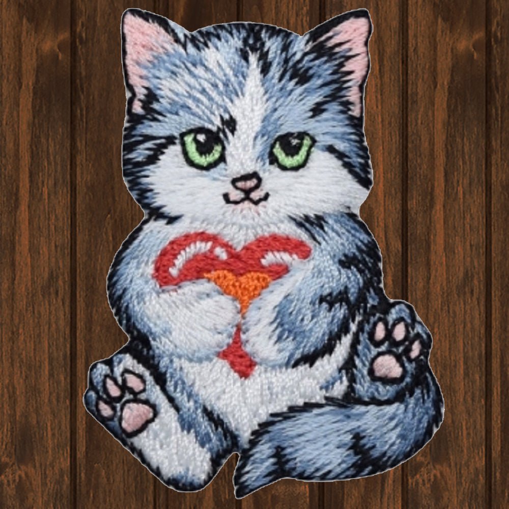 embroidered iron on sew on patch gray kitty cat holding red heart