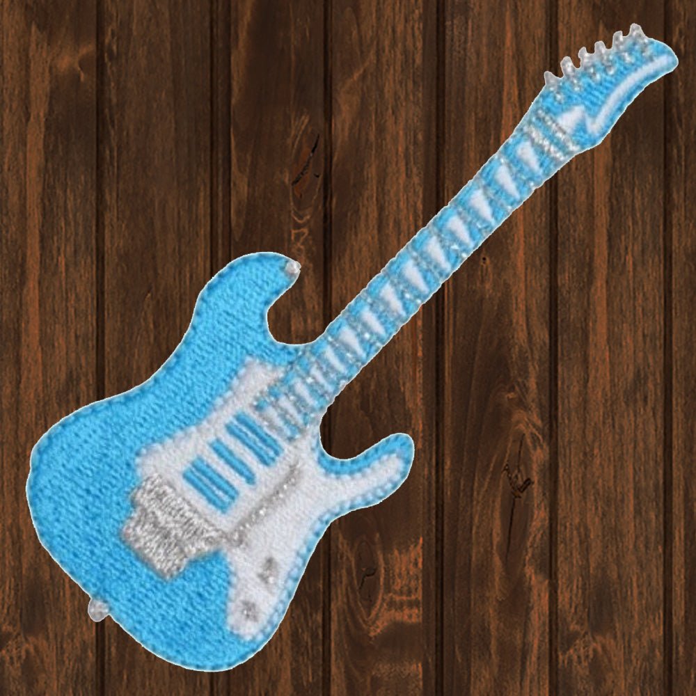 embroidered iron on sew on patch guitar turquoise white