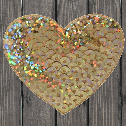 embroidered iron on sew on patch heart gold sequins white