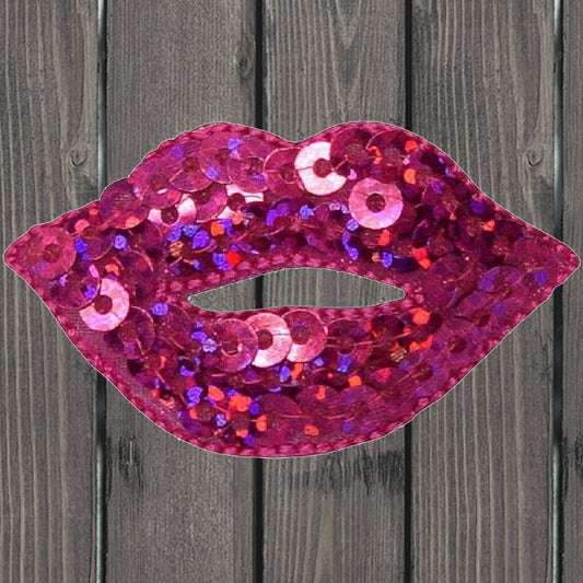 embroidered iron on sew on patch hot pink sequin lips