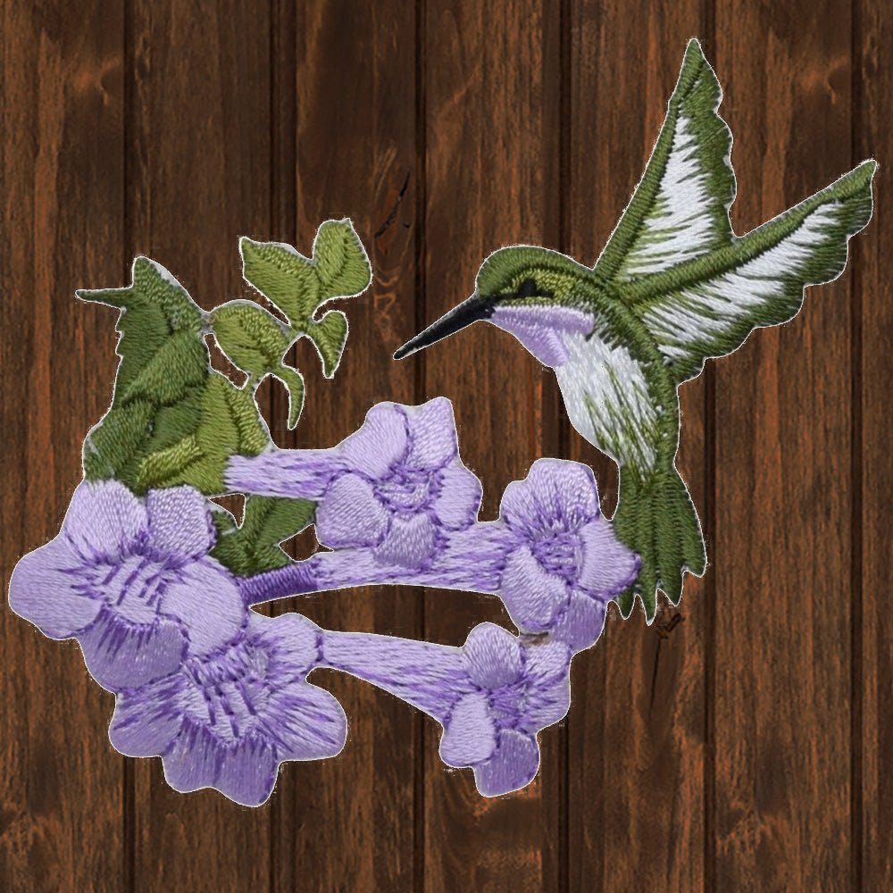 embroidered iron on sew on patch hummingbird lavender with flower large