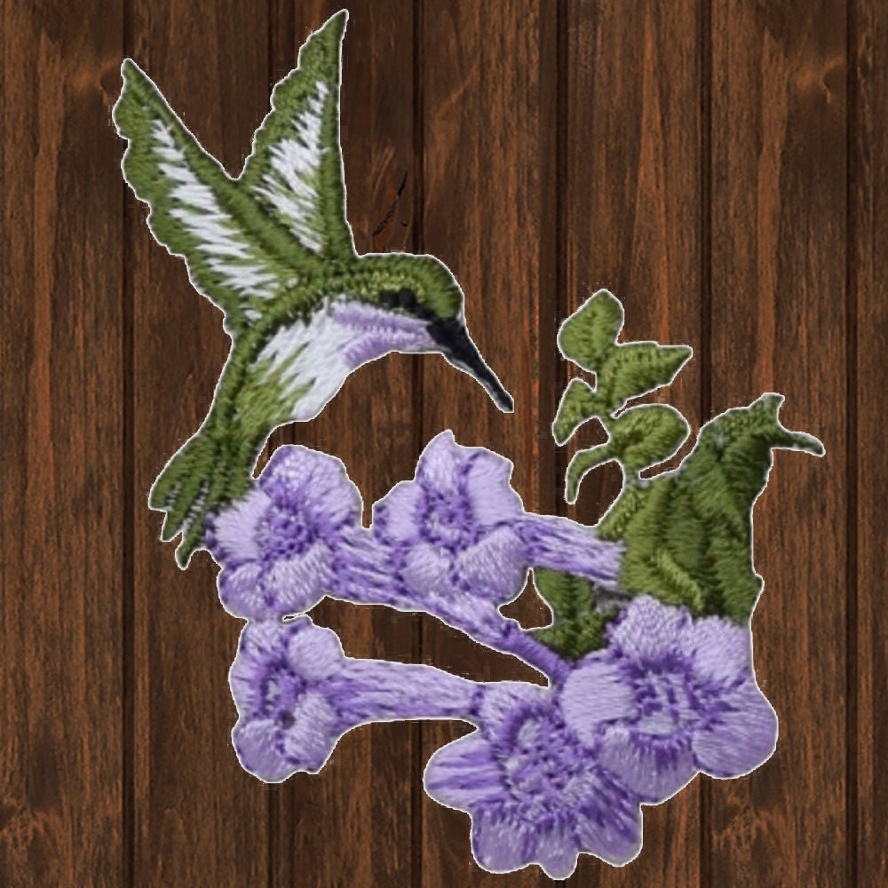 embroidered iron on sew on patch hummingbird with flower lavender small 2