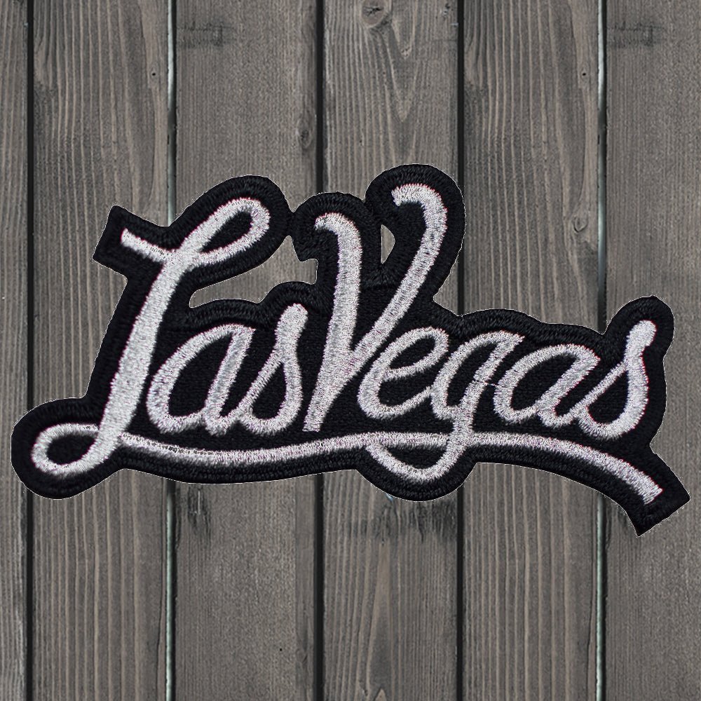 embroidered iron on sew on patch las vegas script silver