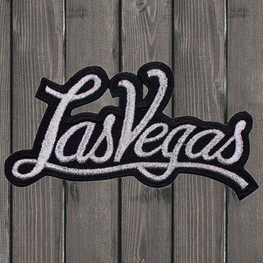 embroidered iron on sew on patch las vegas script silver