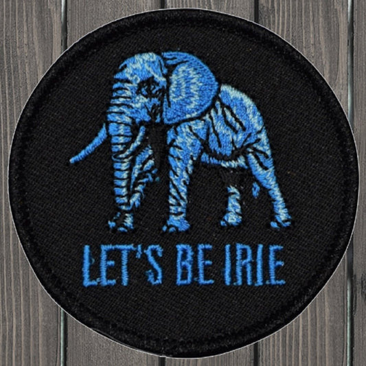 embroidered iron on sew on patch lets be irie elephant round