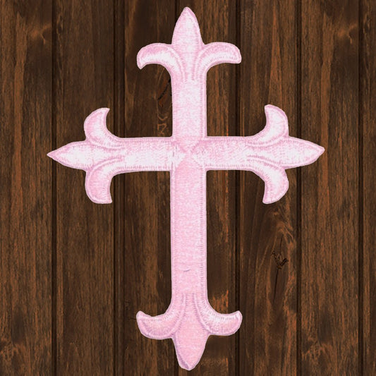 embroidered iron on sew on patch light pink fleur de lis religious cross