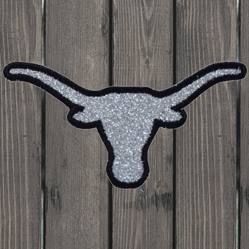 embroidered iron on sew on patch longhorn skull steer head silver glitter black outline