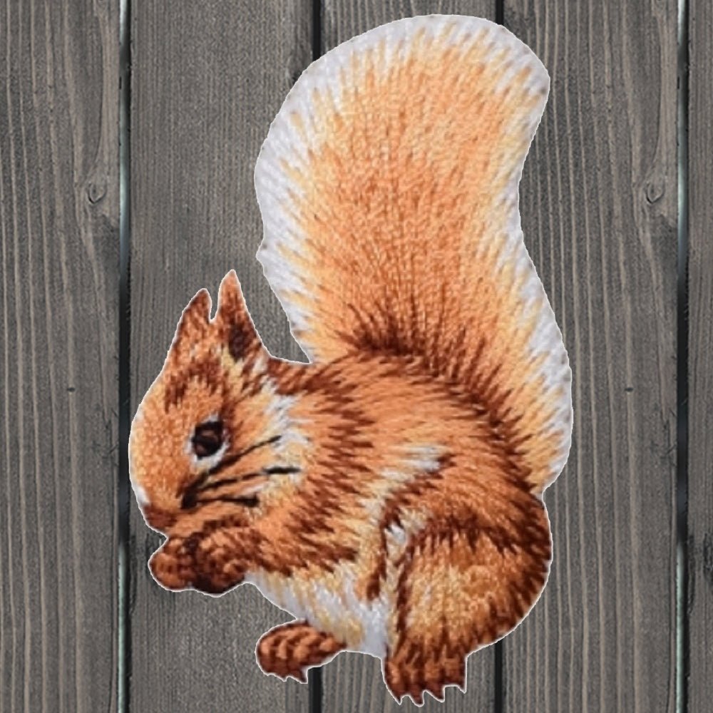 embroidered iron on sew on patch natural squirrel eating nuts