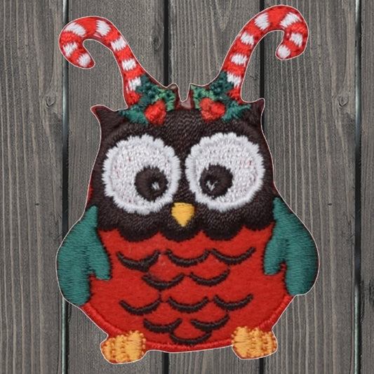 embroidered iron on sew on patch owl with candy cane