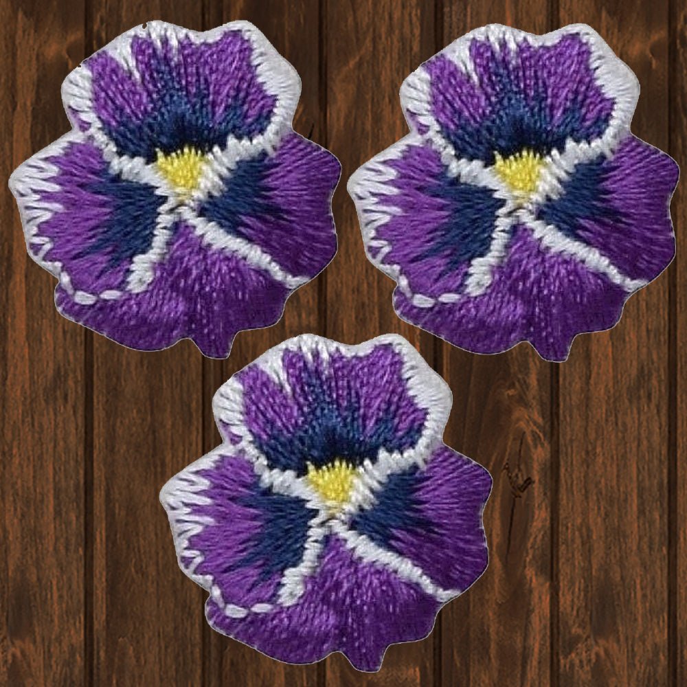 embroidered iron on sew on patch pansy flower violety