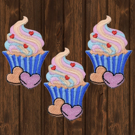 embroidered iron on sew on patch pink and blue cupcake with sweet hearts