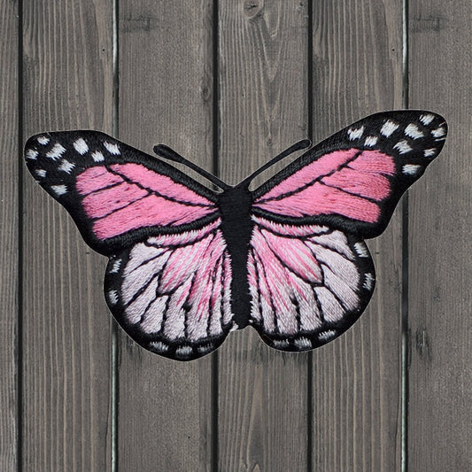 embroidered iron on sew on patch pink black butterfly