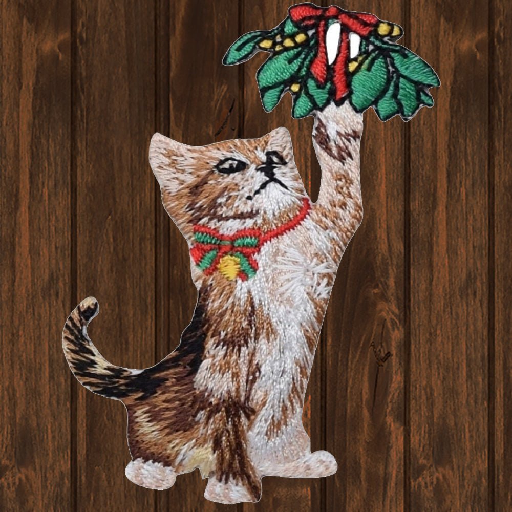 embroidered iron on sew on patch playful kitten mistletoe