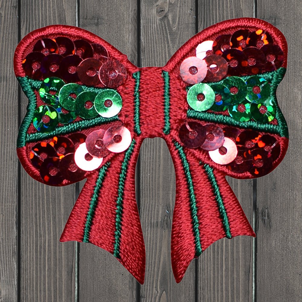 embroidered iron on sew on patch red green bow sequin