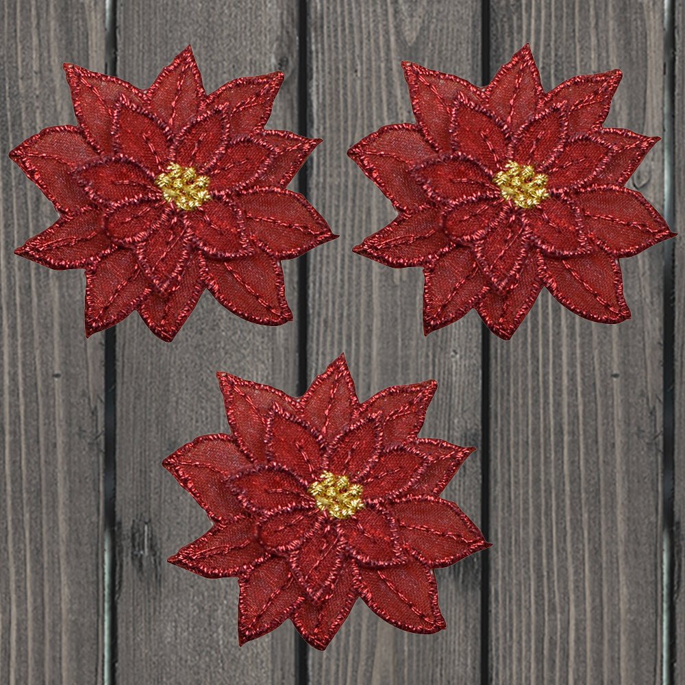 embroidered iron on sew on patch red poinsetta 3 pack