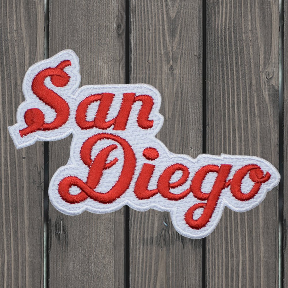 embroidered iron on sew on patch red script san diego