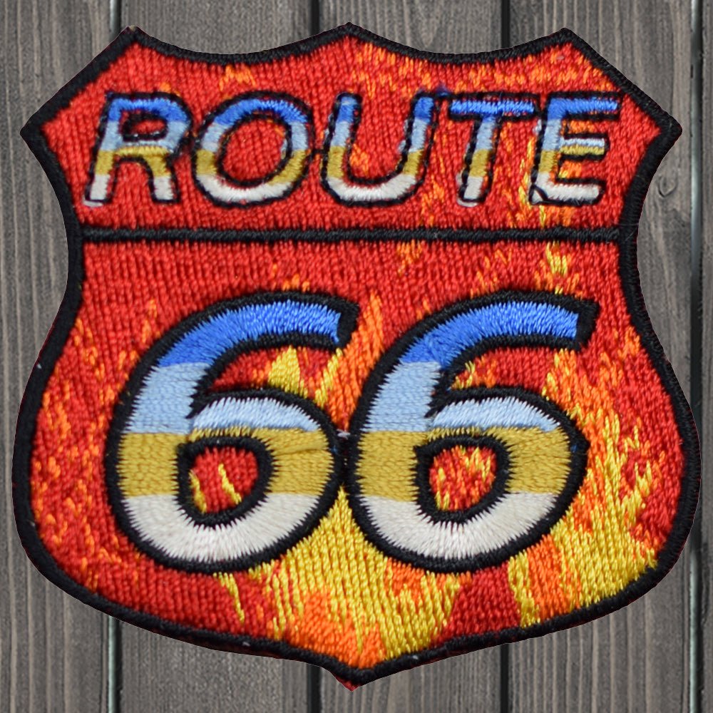 embroidered iron on sew on patch route 66 flames